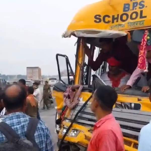 Safe Escape: Children Unhurt in School Bus and Truck Collision on Koilavar Sixlane Bridge; Driver Hospitalized in Critical Condition