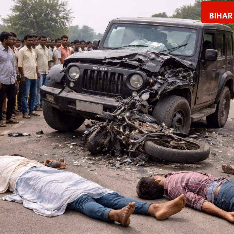 Bihar Road Accident: Thar Jeep Crushes Bike in Rohtas, 2 Dead and 1 Injured Near Bhadkudia
